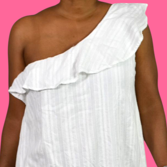 Cloth Stone One Shoulder Dress White Mini Shift Ruffle Textured Cotton Medium - Picture 4 of 14